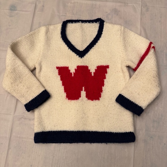 Vintage Other - Vintage Toddler Varsity Sweater Handmade Knit, Cream with Red “W,” Navy Trim